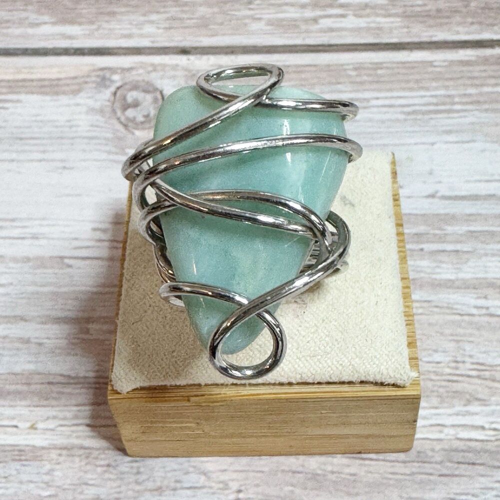 Amazonite Stone Silver Wire Wrapped Ring Bohemian Hippie Boho Size 8